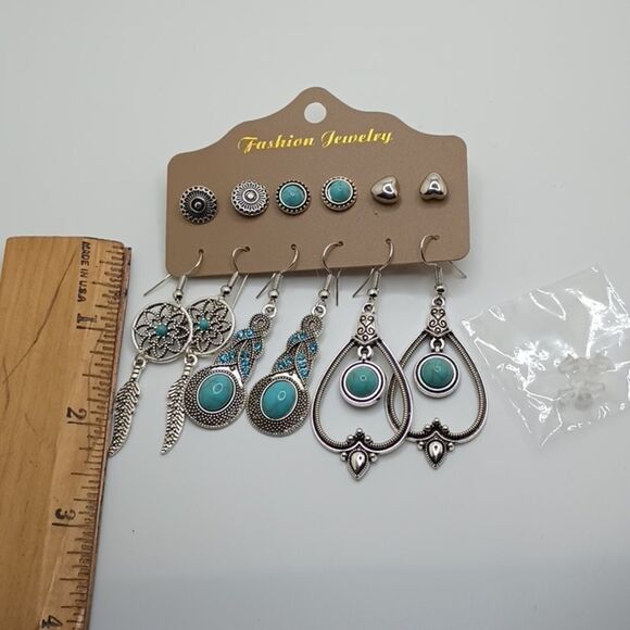 DREAM CATCHER feather turquoise silver boho earring bundle - Picture 2 of 5